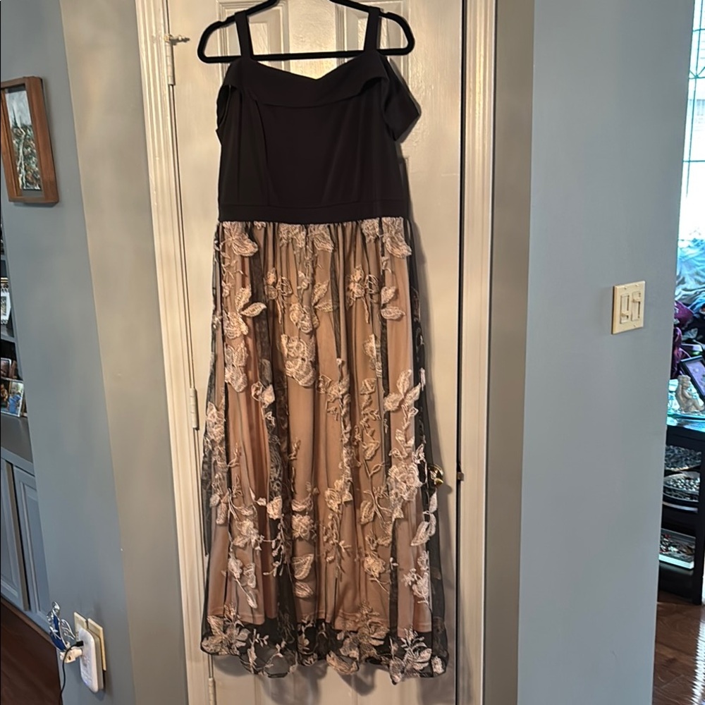Elegant Black Halter and Beige Long Skirt with Sheer Floral Overlay Gown
